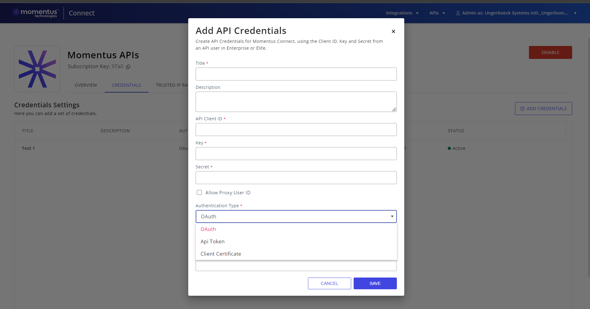 Add API Credentials from Enterprise